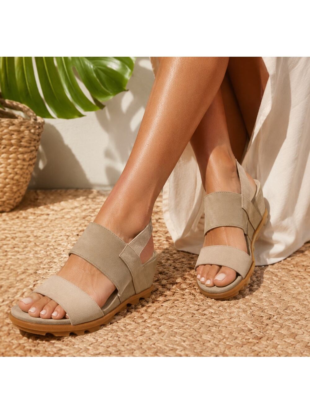 Sorel SZ 9.5 Joanie II Slingback Beige Suede & Leather Wedge Comfort Sandals